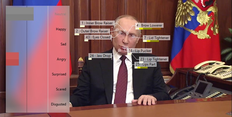 Umiarkowana ekspresja złości na twarzy Władimira Putina.